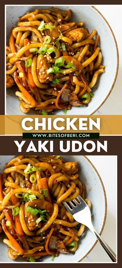 If you are a fan of noodle stir-fries, then you are going to love this Chicken Yaki Udon recipe! It is made with chewy udon noodles, nutritious vegetables, delicious chicken, and the most amazing stir fry sauce! Asian Noodle Dishes Recipes, Udon Noodle Chicken, Yaki Udon Chicken, Stir Fried Noodles Chicken, Udon Dinner Recipes, Teriyaki Chicken Udon Noodles, Chicken Udon Stir Fry, Udon Noodle Recipe Healthy, Wonton Noodles Stir Fry