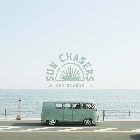 Sun chaser surf logo design by studiolilykate.com Surfing, surfer, branding, brand design, logo design Surfing Logo Design, Surf Branding Design, Surf Brand Design, Surfer Branding, Surf Brand Logo, Surfing Branding, Surf Design Graphic, Surf Logo Design, Summer Logo Design