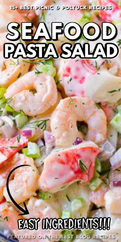 Summer Seafood Salad, Pescatarian Potluck Recipes, Shrimp And Crab Pasta Salad Cold, Pasta Salad Recipes Seafood, Creamy Seafood Pasta Salad, Sea Food Pasta Salad, Prawn Pasta Salad Cold, Seafood Summer Recipes, Summer Eats Easy Recipes