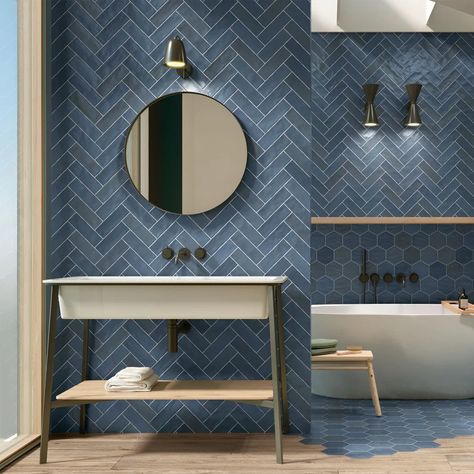 Coastal Blue Interior Design, Blue Tiled Bathroom Ideas, Dusky Blue Bathroom, Navy Herringbone Tile Bathroom, Modern Bathroom Design Blue, Bathroom Inspo Decor, Navy And Grey Bathroom, Steel Blue Bathroom, Dark Blue Bathroom Tiles