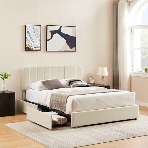 Modern Upholstered Bed, Full Size Upholstered Bed, Full Bed With Storage, Modern Upholstered Beds, Upholstered Storage Bed, White Bed Frame, Led Bed Frame, Sophisticated Bedroom, Under Bed Drawers