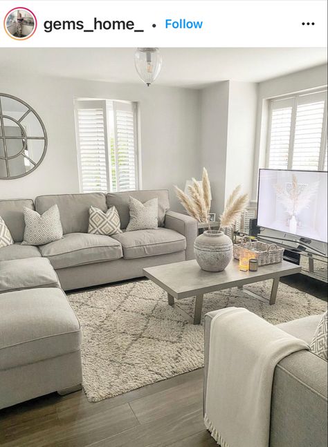 Lounge Looks Living Rooms, Grey Neutral Home Decor, Light Grey Home Decor, Grey Sofa White Furniture Living Room, Beige Shaggy Rug Living Room, White Gray And Beige Bedroom, Grey And Neutral Living Room Cozy, Simple Living Room Grey Couch, Inn Tables Living Rooms