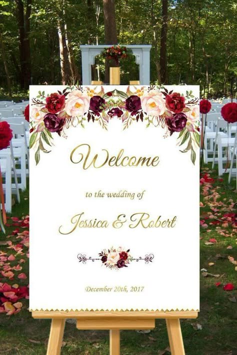 October Wedding Colors, Maroon Wedding, Wedding Color Inspiration, Fall Wedding Bouquets, Welcome Board, Flowers And Greenery, Wedding Welcome Sign, Wedding Welcome Signs, Burgundy Wedding