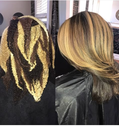 Silk Press Natural Hair Color Highlights, Highlights Silk Press Natural Hair, Blonde And Brown Hair Color Black Women Skunk Stripe, Blonde And Brown Silk Press, Brown And Blonde Highlights Black Women Real Hair, Loc Colors, Hair Lookbook, Inspiring Hairstyles, Blonde Natural Hair