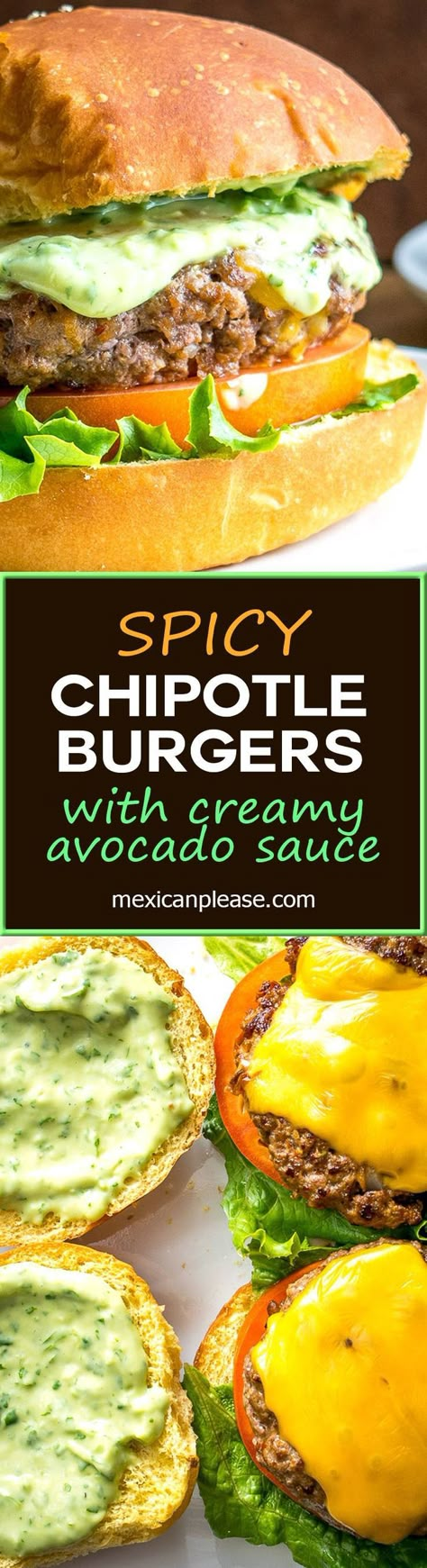 Spicing up your cheeseburgers with chipotles might convert you over for life.  And when drenched in a creamy avocado sauce you just made the best burger in town.  So good!  mexicanplease.com Parmesan Tomatoes, Baked Parmesan Tomatoes, Tomato Recipe, Creamy Avocado Sauce, The Best Burger, Diy Easy Recipes, Protein Dinner, Avocado Sauce, Grilled Burgers