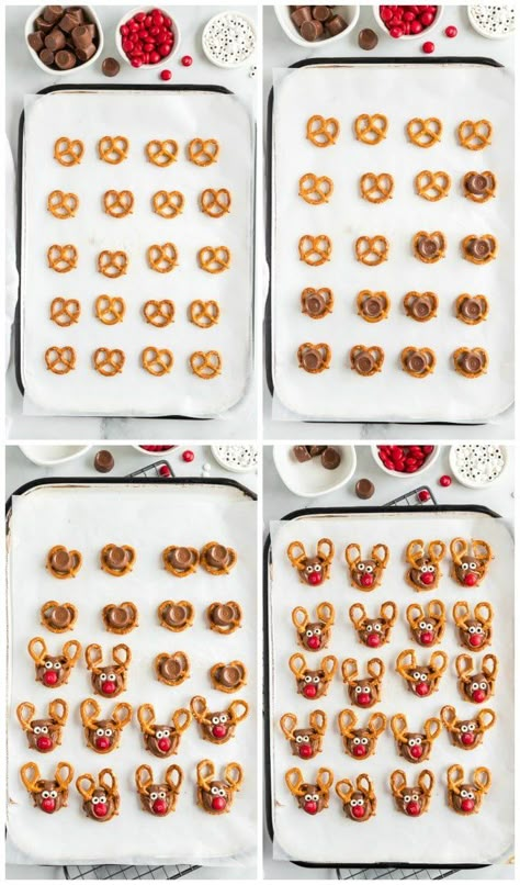 Rollo Pretzel Reindeer, Reindeer Pretzel Treats, Reindeer Bait, Rollo Pretzels, Reindeer Pretzels, Pretzel Reindeer, Pretzels And Chocolate, Xmas Snacks, 2024 Holidays