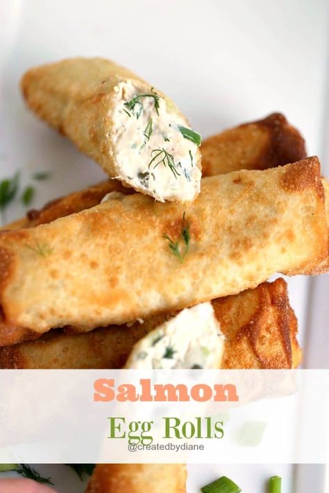 Salmon Egg Rolls | Created by Diane Salmon Egg Rolls Recipe, Salmon Egg Rolls, Shrimp Egg Rolls, Egg Roll Ingredients, Egg Roll Filling, Salmon Cream Cheese, Easy Peasy Recipes, Salmon And Shrimp, Salmon Eggs