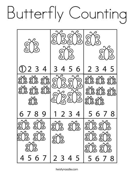 Butterfly Counting Coloring Page - Twisty Noodle Butterfly Week Preschool, Butterfly For Preschool, Butterflies Activities Preschool, Counting Pages Preschool, Butterfly Kindergarten Activities, Butterfly Worksheets Kindergarten, Butterfly Prek Activities, Butterfly Worksheets Preschool, Preschool Butterfly Crafts