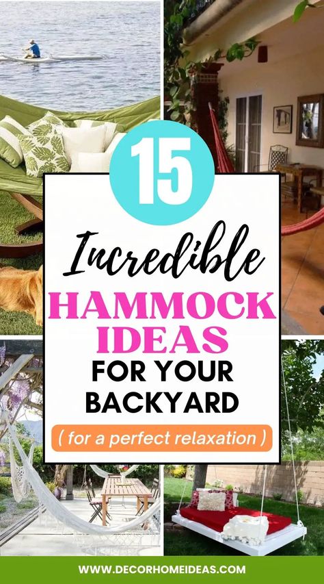 Create a relaxing outdoor space with these 15 hammock ideas for your backyard. From DIY projects to store-bought options, find the perfect hammock for your outdoor oasis. Hammock Corner Backyards, Hang Hammock Without Trees, Hammock Stand Ideas, Patio With Hammock Ideas, Hammock Hanging Ideas, Small Patio Hammock, Outdoor Hammock Ideas Backyards, How To Make A Hammock, Hammock Area Ideas Backyards