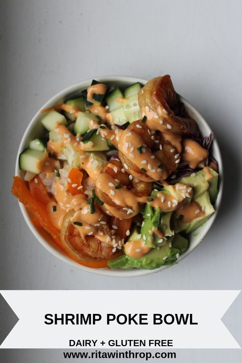 Shrimp Rice Bowls With Spicy Mayo, Shrimp Poke Bowl, Sriracha Mayo Sauce, Sriracha Shrimp, Kimchi Rice, Honey Shrimp, Shrimp Marinade, Poke Bowl Recipe, Mayo Sauce