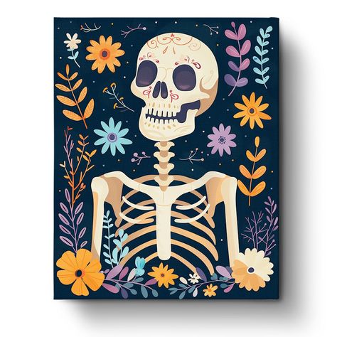 Fixed paint by numbers kit, 24 colors, skeleton with flowers. Relaxing and creative art project. Skeleton Painting Easy, Skeleton With Flowers, Skeleton Painting, Amazing Wall Art, Being An Artist, Water Based Acrylic Paint, Relaxing Art, Bonding Activities, Art Activity