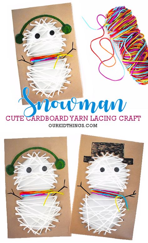 Yarn Lacing Snowman Craft Snowman Yarn Craft, Lacing Activities For Kids, Snowman Art Projects For Kids, Snowman Crafts For Kids, Alzheimer's Activities, Christmas Yarn Crafts, Winter Stem Activities, Frozen Planet, Yarn Crafts For Kids