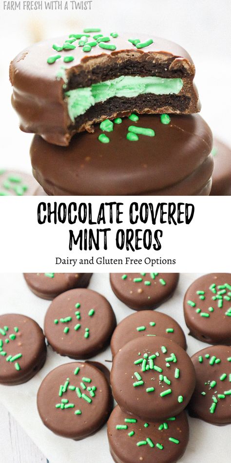 Chocolate covered mint Oreos that are topped with green sprinkles. Mint Oreo Dessert Recipes, Mint Chocolate Covered Oreos, Chocolate Covered Oreos Green, Fudge Mint Chocolate No Bake Cookies, Oreo Mint Truffles, Oreo Cookies Dipped, Cookie Decorating Icing, Kids Treats, Baked Dessert