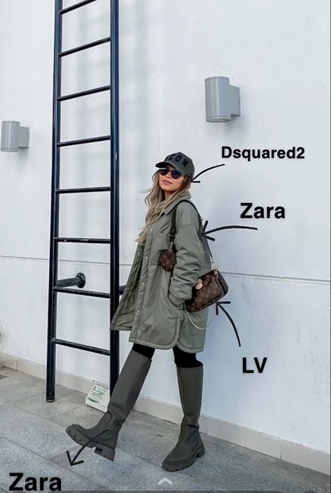 Outfit With Green Boots, Khaki Boots Outfit, Olive Green Boots Outfit, Zara Boots Outfit, Green Boots Outfit, Long Boots Outfit, Olive Green Boots, Olive Boots, Khaki Boots