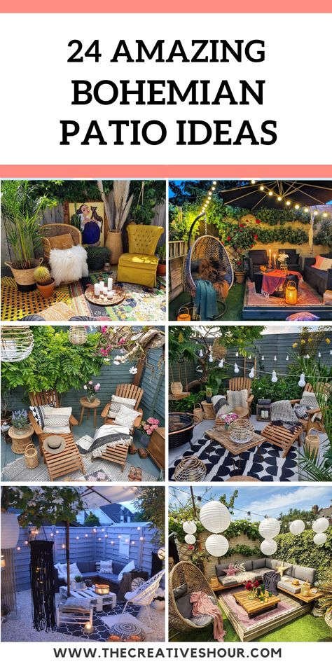 24 Most Beautiful and Chic Bohemian Patio Ideas You Will Love Backyard Couch Ideas, Backyard Boho Decor, Back Porch Decorating Boho, Eclectic Outdoor Patio, Pretty Patios Ideas, Tropical Patio Decor Ideas, Small Boho Patio, Cozy Deck Decorating Ideas, Bohemian Backyard Decor