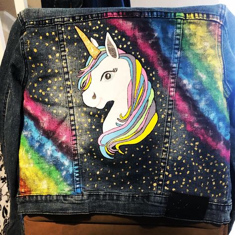 Hand painted unicorn junior denim jacket. @dloz_art Painted Unicorn, Drawstring Backpack, Declutter, Perfect Place, Denim Jacket, Backpacks, Hand Painted, Sewing, Art