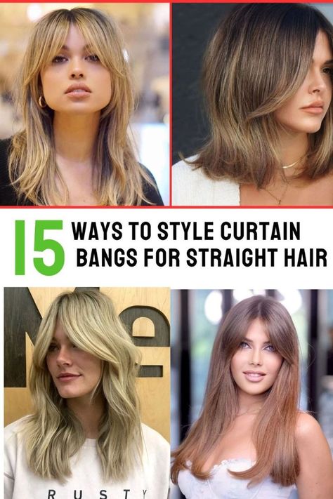 Center Part Curtain Bangs, Curtain Bangs Medium Hair Straight, Curtain Bangs On Straight Hair, Fine Hair Curtain Bangs, Curtain Bangs For Straight Hair, Medium Hair With Curtain Bangs, Ways To Style Curtain Bangs, Hair Without Layers, Bangs For Straight Hair