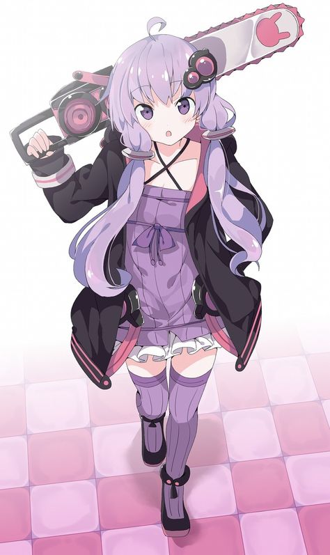 Yuzuki Yukari Yuzuki Yukari, Cyberpunk Girl, Nyan Cat, Purple Hair, Hatsune Miku, Character Drawing, Chainsaw, Vocaloid, Cyberpunk