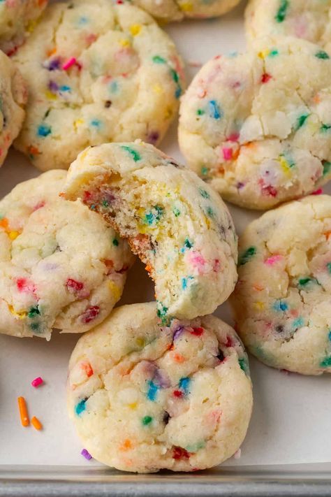 Gooey butter funfetti cookies made with cream cheese, butter, and Funfetti cake mix. These are the best cake mix cookies, and SO easy! Gluten Free Funfetti Cake Mix Cookies, Funfetti Cake Box Cookies, Funfetti Cake Cookies Recipe, Cookies With Box Cake, Cake Mix Cookies With Cream Cheese, Funfetti Cookies From Cake Mix Pillsbury, Gooie Butter Cake, Cake Mix Cookies Funfetti, Funfetti Cake Cookies