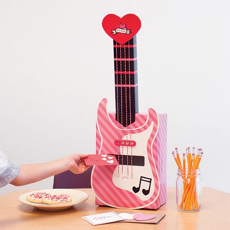 Guitar Valentine's box || Craft Smith || At Michael's Stores Violin Valentine Box Ideas, Guitar Valentines Box For Kids, Guitar Valentine Box Ideas, Taylor Swift Valentines Box Ideas, Guitar Valentine, Guitar Cards, Valentines Box Ideas, Valentine 2024, Valentine Box Ideas