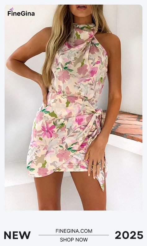 Floral High Neck Wrap Tie Mini Dress Floral Summer Dresses, Outfits Formal, Summer Maxi Dresses, Pretty Summer Dresses, Recruitment Outfits, Satin Style, Rush Dresses, Sleeveless Skirt, Summer Outfits Casual