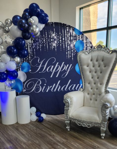 Royal Blue and Silver Birthday Backdrop 50th Birthday Blue And Silver, Blue And Silver Debut Theme, Blue 50th Birthday Decorations, Different Shades Of Blue Birthday Party, Midnight Blue And Silver Quinceanera Theme, Sweet 16 Party Ideas Royal Blue And Silver, Blue And Silver 50th Birthday Ideas, Royal Blue Backdrop Ideas, Blue Silver Birthday Party Decorations