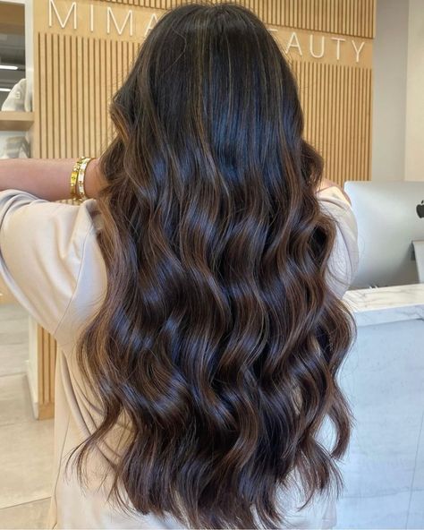 Super Dark Brown Hair With Highlights, Curled Hair Dark Brown, Dimension On Dark Hair, Highlights For Black Brown Hair, Soft Lights Hair, Dark Brown Brunette Balayage, Espresso Hair Color With Lowlights, Hair Color Tips Ideas, Money Piece Dark Brown Hair