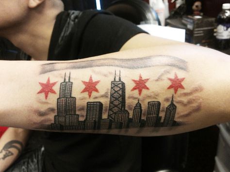 Chicago Flag Tattoo, Chicago Skyline Tattoo, Skyline Tattoo, Chicago Tattoo, Chicago Flag, City Tattoo, Flag Tattoo, Tattoos For Black Skin, Top Tattoos