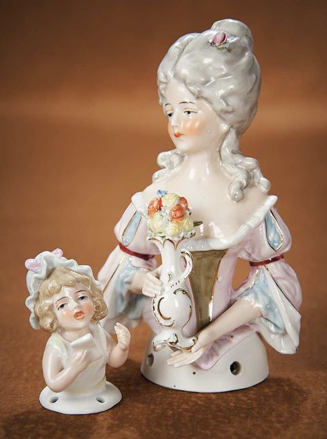 The Vanity Fair - Strong Museum Half Dolls: 106 Two German Porcelain Half Dolls "Lady with Vase of Flowers & Child with Letter" Tassel Dolls, Dolls Porcelain, Porcelain Dolls Value, Doll Museum, Powder Puffs, Painting Fashion, Vase Of Flowers, Half Dolls, Pin Doll