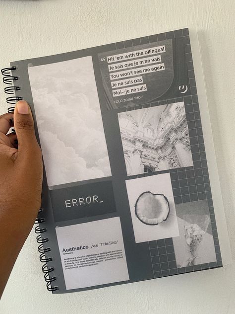 Aesthetic grey/ white/black notebook. Notebook Covers Aesthetic Diy, Folder Cover Design School Aesthetic, Arts Notebook Cover Ideas, Black Notebook Design, Pembatas Binder Aesthetic, Notebook For School Aesthetic, Binder Notebook Ideas, Aesthetic School Folder, Notebook Design Ideas Cover Aesthetic