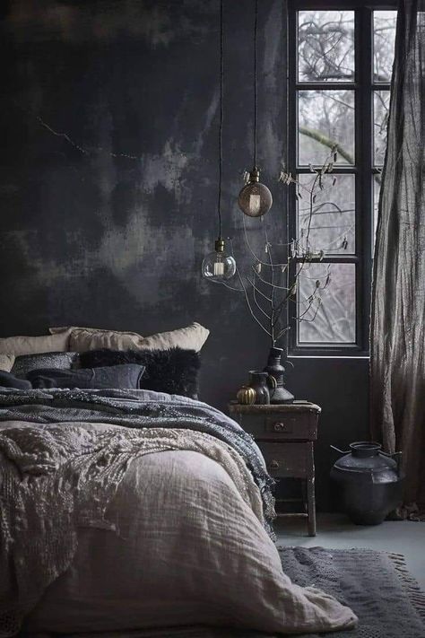 Moody Bedroom Decor, Home Haunted House, Dark Bedroom Ideas, Dark Academia Interior, Black Walls Bedroom, Dark And Moody Bedroom, Haunted House Decor, Lime Wash, Intimate Space