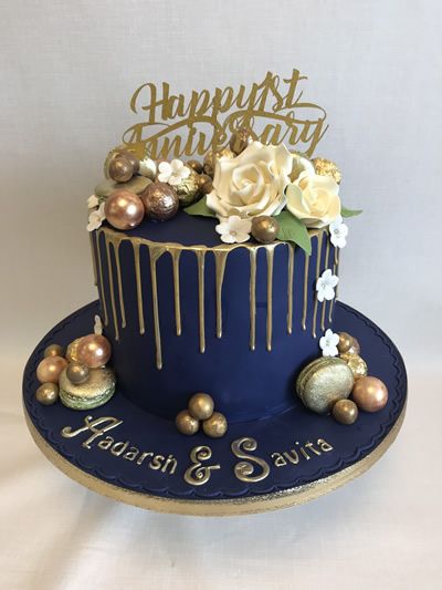 Navy Blue And Gold 50th Anniversary Cake, Blue And Gold 40th Birthday Cake, Navy Blue Cakes Birthday, Navy Blue And Gold Cake Ideas, 21 Anniversary Cake, Blue And Gold Anniversary Cake, Navy Blue And Gold Graduation Cake, Navy Blue Gold Cake, Navy Blue And Gold Cake Birthday