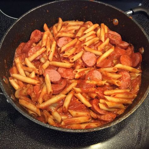 This was really good. I made a couple of changes. I omitted the mushrooms because I did not have any and swapped the cheese for mozzarella. Chicken And Smoked Sausage Pasta, Smoked Turkey Sausage Pasta, Sausage Marinara Pasta, Sausage Link Pasta, Conecuh Sausage Pasta, Sausage Skillet Recipe, Pasta Marinara, Sausage Marinara, Chicken Broccoli Cheese