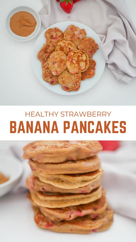 Easy delicious healthy strawberry banana pancakes are made with oat flour, a bit of plain all purpose flour, eggs and sweetened with banana and mixed with delicious sweet and juicy strawberries. Perfect for a healthy breakfast or snack but tastes like dessert. Strawberry Pancakes Recipe, Healthy Blueberry Pancakes, Strawberry Banana Pancakes, Spinach Pancakes, Banana Oat Pancakes, Strawberry Pancakes, Strawberry Breakfast, Healthy Pancake Recipes, Banana And Egg