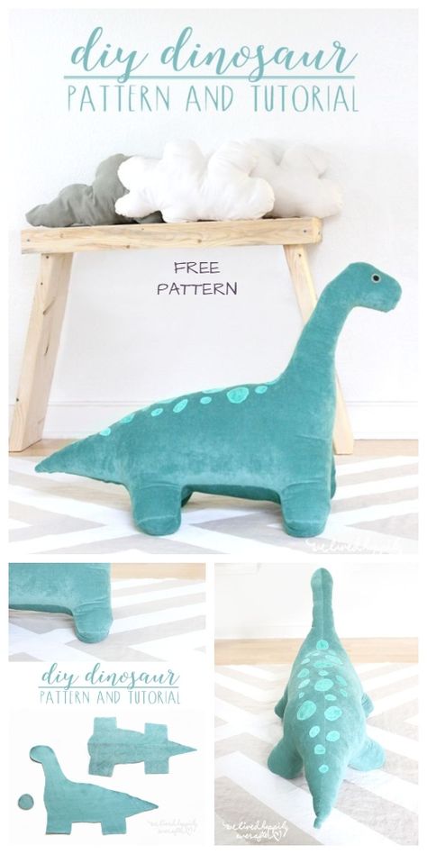 DIY Giant Dinosaur Toy Free Sewing Pattern & Tutorial Simple Sewing Projects Stuffed Animals, Narwhal Sewing Pattern Free, Diy Stuffed Dinosaur Pattern, Dinosaur Stuffy Sewing Pattern, Large Stuffed Animal Patterns, Dino Sewing Pattern Free, Diy Dinosaur Toy, Unicorn Stuffed Animal Pattern, Free Pdf Sewing Patterns For Beginners