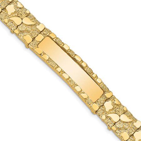 Bold and stylish, this 14 karat yellow gold nugget bracelet offers a classy look. Showcases beautiful nugget design links holding a 36x12mm ID charm. Secured with a box catch clasp, this 7-inch long and 12mm wide bracelet is sure to give an elegant grace to your personal style. Metal Weight: 29.19 grams Jewelry Type: Fine Bracelet Style: Nugget ID Bracelet Jewelry Finish: Textured Gender: Unisex Clasp: Box Catch Metal: Gold Gold Karat: 14 Karat Metal Color: Yellow Dimensions: Length 7-inch, 36mm Yellow Pearl Earrings, Brown Pearl Earrings, Birthday Pendant, Nautical Earrings, Seahorse Pendant, Bone Pendant, Pearl And Diamond Earrings, Gold Nugget, Id Bracelets