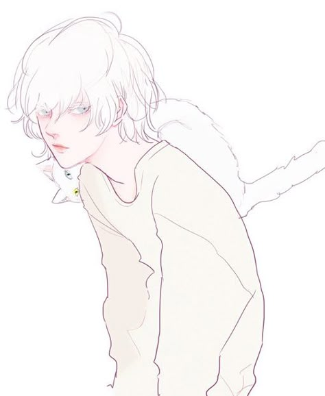 Albino Albino Anime Boy, Albino Drawing, Albino Oc Art, Albino Character Art, Albino Oc, Albino Art, Boy With Cat, Anime Icons Boy, Pastel Goth Art