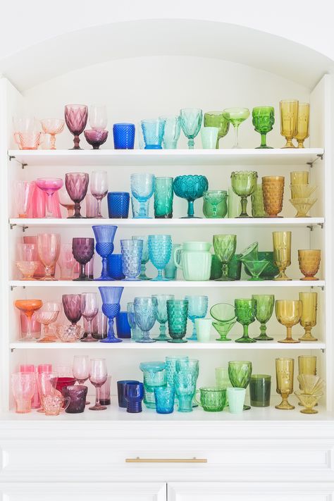 Elsie Larson for Domino Magazine ©AlyssaRosenheck Rainbow Glassware, Kitchen Cupboard Organization, Deco Pastel, Elsie Larson, Domino Magazine, Colored Glasses, Kitchen Hacks Organization, Colored Glassware, Décor Boho