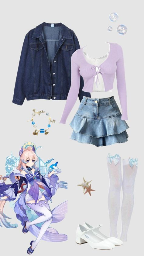 Kokomi inspired outfit #genshinimpact #aesthetic #kokomi #outfitinspo #outfit Kokomi Core Outfit, Kokomi Aesthetic Outfit, Kokomi Casual Cosplay, Kokomi Cosplay Outfit, Kokomi Modern Outfit, Kokomi Inspired Outfits, Kokomi Outfit Ideas, Kokomi Outfit, Kokomi Mermaid