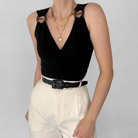 Deux Birds on Instagram: “Favorite vintage noir silk blend knit tank with a surplice neckline, ribbed knit detailing at the bodice, and the most incredible, thick…” Strap Tank Top Outfit, Deux Birds, Thick Strap Tank Top, Tank Top Outfit, Strap Tank Top, Tank Top Outfits, Style 2023, Top Outfit, Surplice Neckline