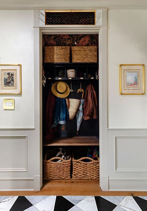 Hall Closet Transformation, Hall Closet Mudroom Makeover, Entryway Closet Turned Mudroom, Hallway Closet To Mudroom, Entry Closet Storage, Closet To Seating Area, Hallway Open Closet Ideas, Small Entryway With Closet, Closet To Mini Mudroom