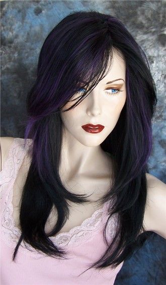 Purple and black hair, pale skin, red lipstick. I have a feeling this might be me in 15 years Layered Purple Hair, Violet And Black Hair, Purple Highlights Black Hair, Hair Color For Pale Skin, Layers Wig, Black Hair Pale Skin, Pale Skin Hair Color, Purple Hair Highlights, Hair Pale Skin