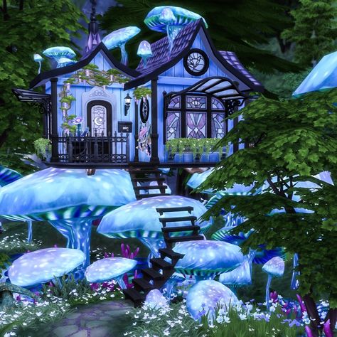 Magical House Design, Fairy Houses Bloxburg, Sims 4 Magical House, Fairy Sims 4 House, Sims 4 Mushroom House, Alien House Sims 4, Fairy Bloxburg House, Sims Fairy House, Fairy Aesthetic House