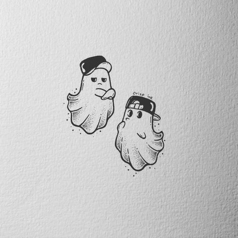 Capel Tattoos, Cute Ghost Tattoo Ideas Matching, Matching Ghost Tattoos For Couples, Ghost Cartoon Drawing, Ghost Matching Tattoos, Cartoon Ghost Tattoo, Two Ghosts Tattoo, Victorian Tattoos, Matching Ghost Tattoos