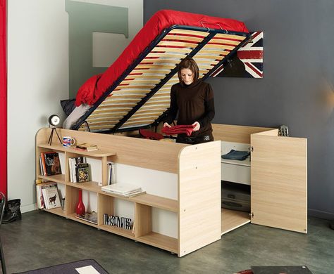 Meet the Parisot Space Up Bed: a space saving solution that offers you a place to sleep and hidden storage area. It comes with drawers and shelves for your things. The bed is made of heavy-duty materials and has an easy lift mechanism, so you can access the storage area under the bed fast. New … Cama Closet, Ikea Bed Hack, Bunk Bed Sets, Cama Ikea, Kura Bed, Bed Platform, Space Bedding, Ikea Bed