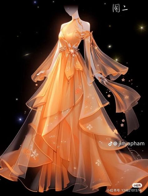 Sun Inspired Fantasy Outfit, Sun Themed Fantasy Dress, Orange Dress Drawing, Sun Themed Dress, Orange Princess Dress, Orange Gown, Sunset Dress, Vestidos Anime, Fairytale Fashion