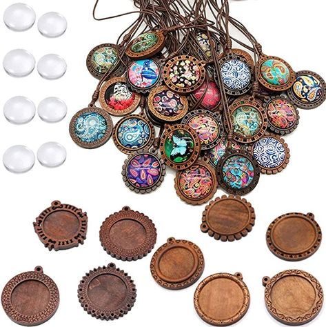 Amazon.com: ToBeIT 36pcs Bezel Pendant Trays round wooden and Glass Cabochon Round Clear Dome for DIY Crafting Photo Jewelry Making Jewelry Making Kits, Kraf Diy, Photo Pendant, Bracelet Diy, Vintage Diy, Bezel Pendant, Wooden Pendant, Diy Vintage, Diy Photo