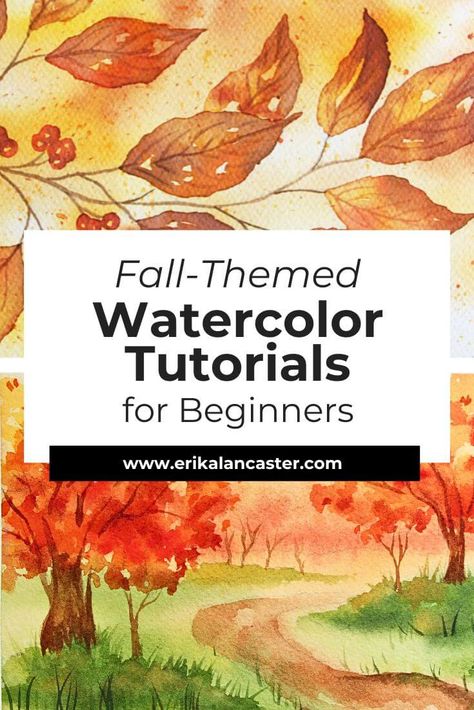 Best Fall Watercolor Tutorials - Erika Lancaster- Artist + Online Art Teacher Fall Watercolor Inspiration, Fall Watercolor Ideas For Beginners, Fall Watercolor Tutorial, Watercolor Painting Techniques Tutorials, Watercolor Landscape Paintings Tutorials, Watercolor Tutorials For Beginners, Watercolor Markers Tutorials, Watercolor Practice Exercises, Beginner Watercolor Painting Tutorial