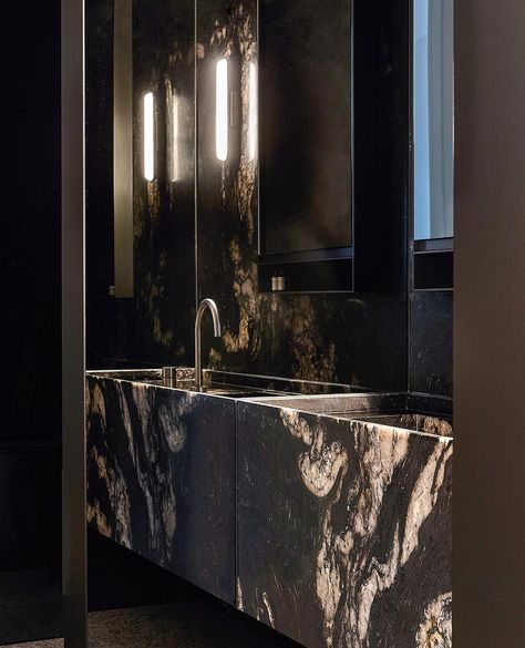 Stone Powder Bathroom Black Powder Room, Black Marble Bathroom, Modern Powder Rooms, Powder Room Mirror, Powder Bathroom, Polished Plaster, Smoked Mirror, Black Toilet, Powder Room Design