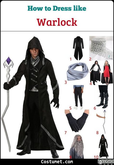 The warlock costume can be recreated with a coat to start it with then top it with a hooded cape. Make sure the coat and pants feature silver or metallic patches or appliques. Then finish with boots, gloves, and a staff.           #misc #male #couple #misc #old #wizard #sorcerer #Warlock Mens Warlock Costume, Male Warlock Costume, Halloween Diy Witch Costume, Couples Witch And Warlock Costume, Warlock Costume Mens Diy, Warlock Costume Mens, Boy Witch Costume, Wizard Costume Male, Male Witch Costume